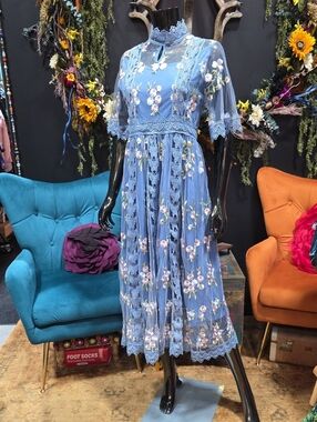 Blue Floral Lace Maxi Dress with Embroidered Butterfly Trim Details